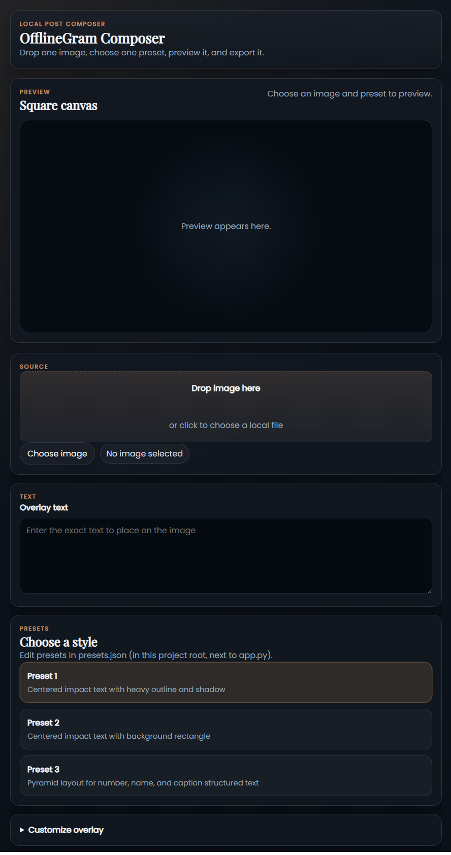 OfflineGram Composer — full interface view