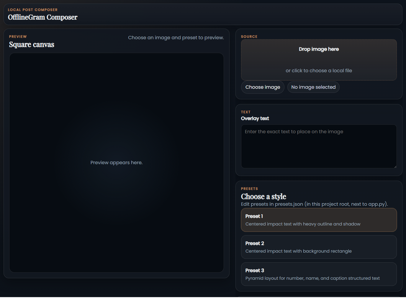 OfflineGram Composer interface — wide layout